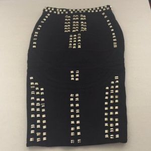High Waisted Bandage Studded Black Midi Pencil Skirt (Size: L)